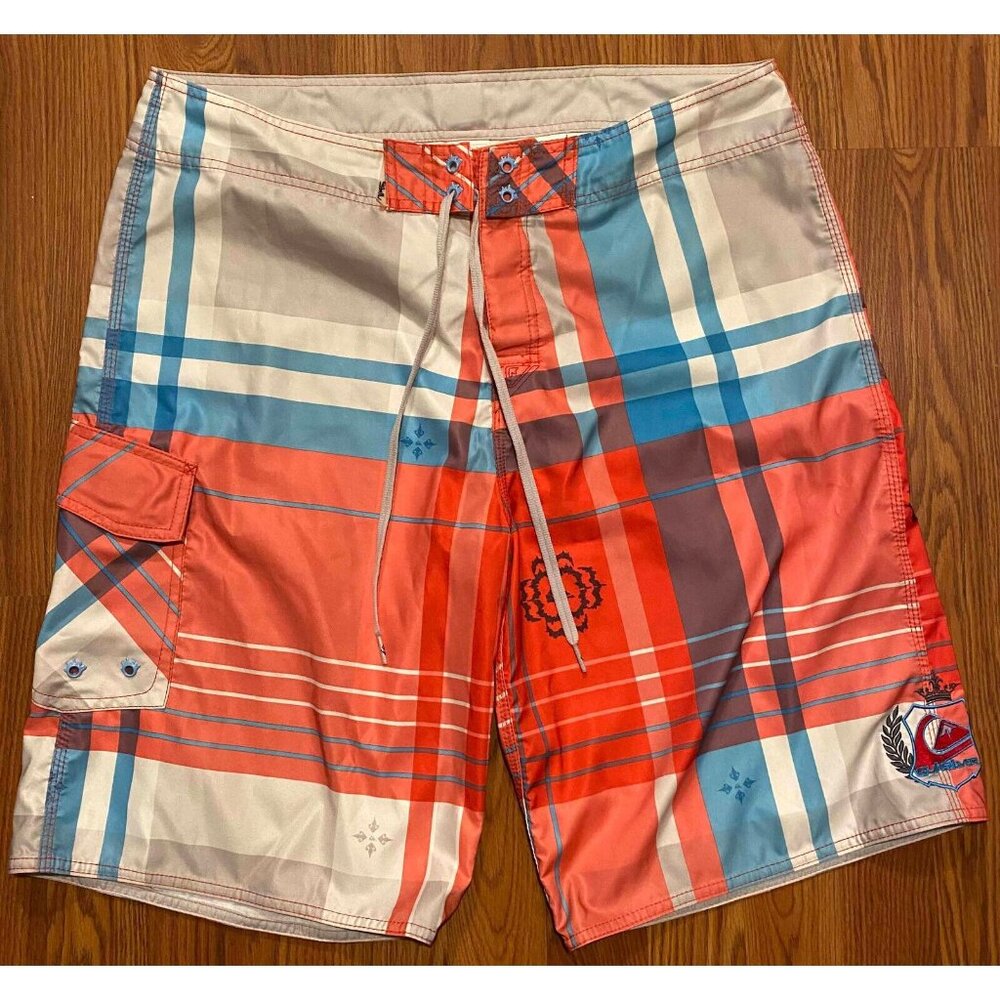 Quiksilver Board Shorts Mens 36 10" Beach Swim Trunks Royal Plaid Cargo Pocket